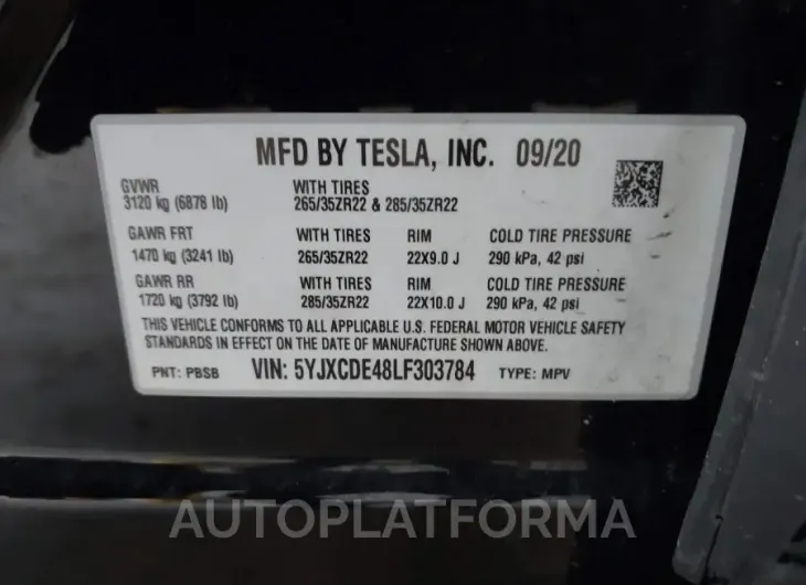 TESLA MODEL X 2020 vin 5YJXCDE48LF303784 from auto auction Iaai