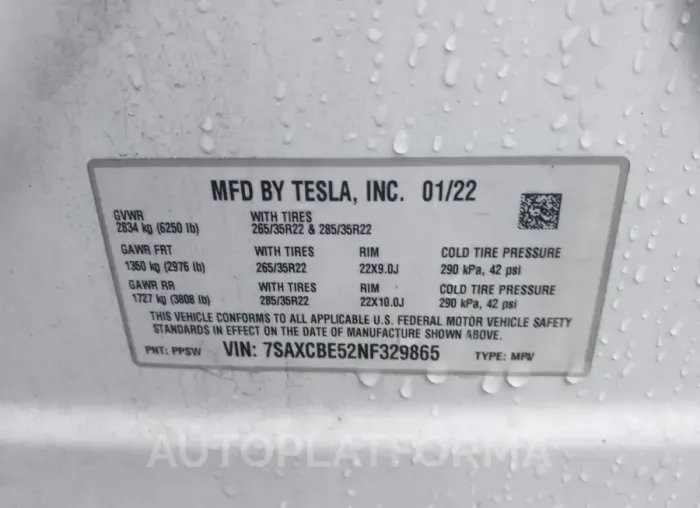 TESLA MODEL X 2022 vin 7SAXCBE52NF329865 from auto auction Iaai