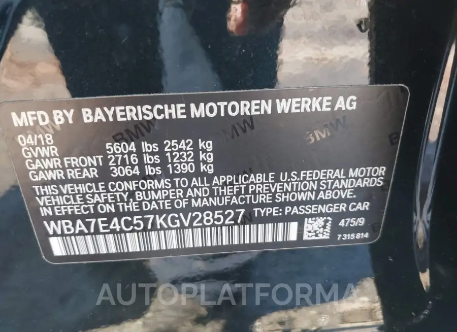 BMW 740I 2019 vin WBA7E4C57KGV28527 from auto auction Iaai