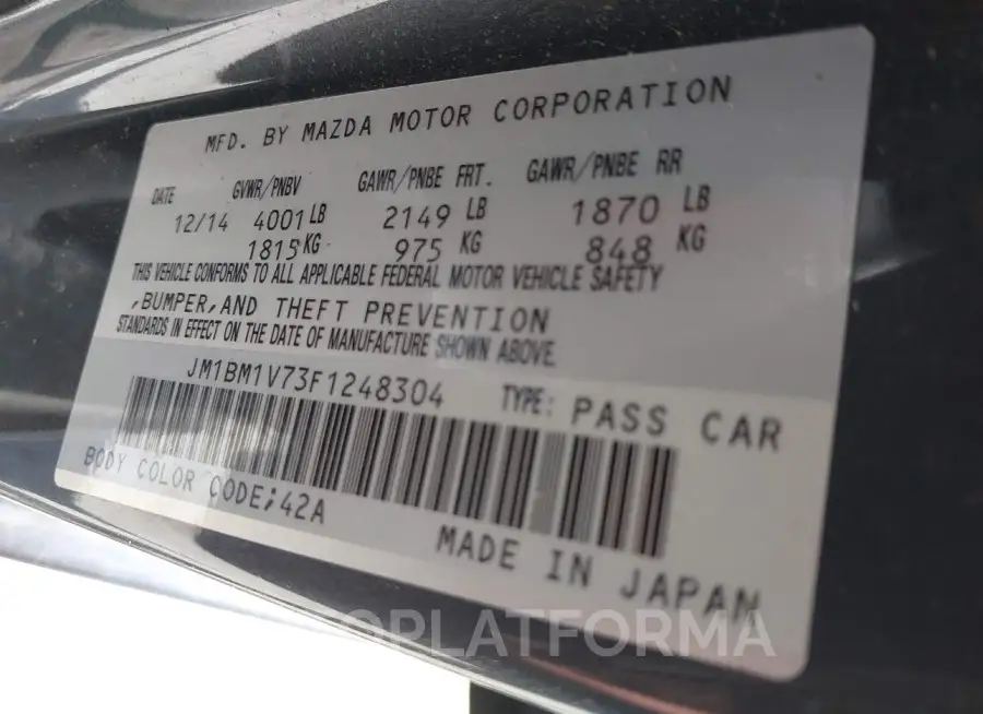 MAZDA MAZDA3 2015 vin JM1BM1V73F1248304 from auto auction Iaai