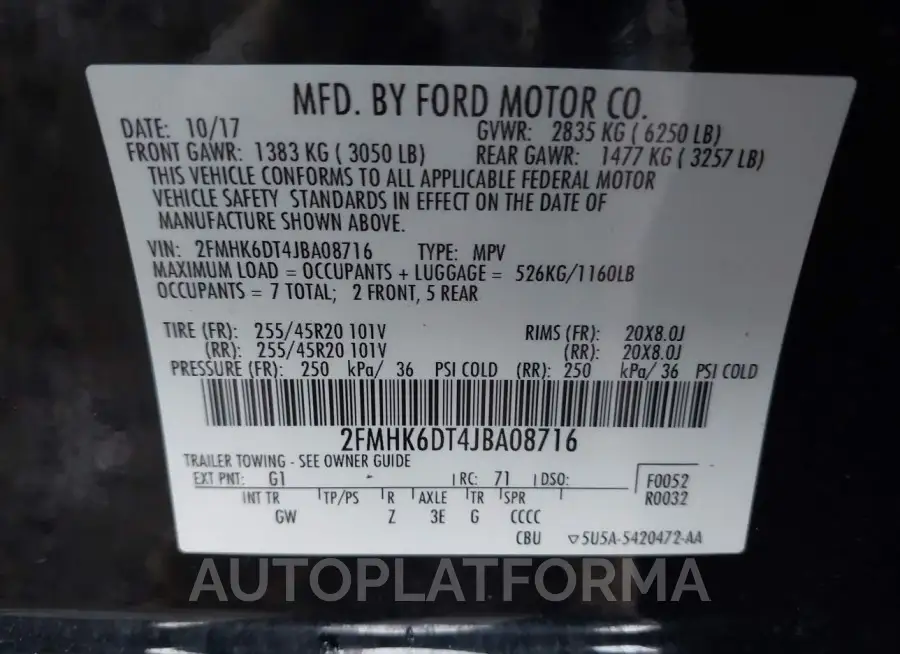 FORD FLEX 2018 vin 2FMHK6DT4JBA08716 from auto auction Iaai