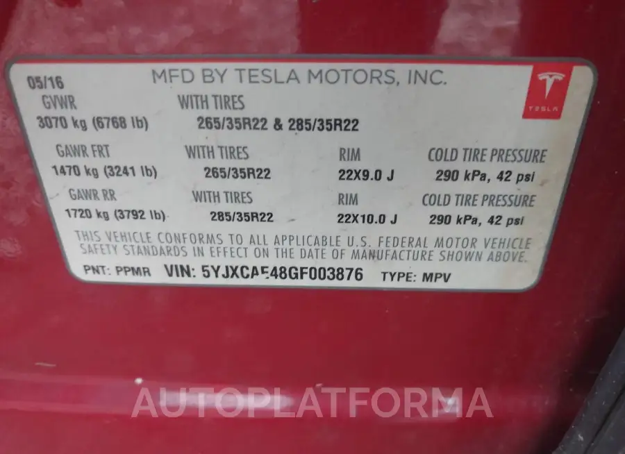 TESLA MODEL X 2016 vin 5YJXCAE48GF003876 from auto auction Iaai