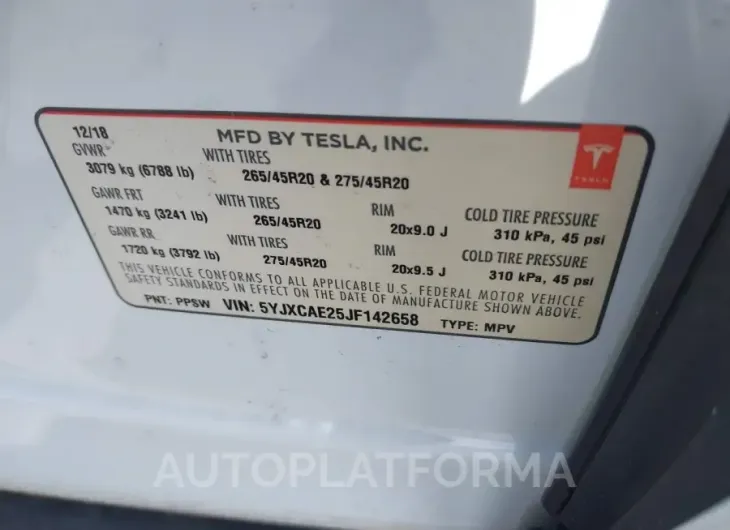 TESLA MODEL X 2018 vin 5YJXCAE25JF142658 from auto auction Iaai