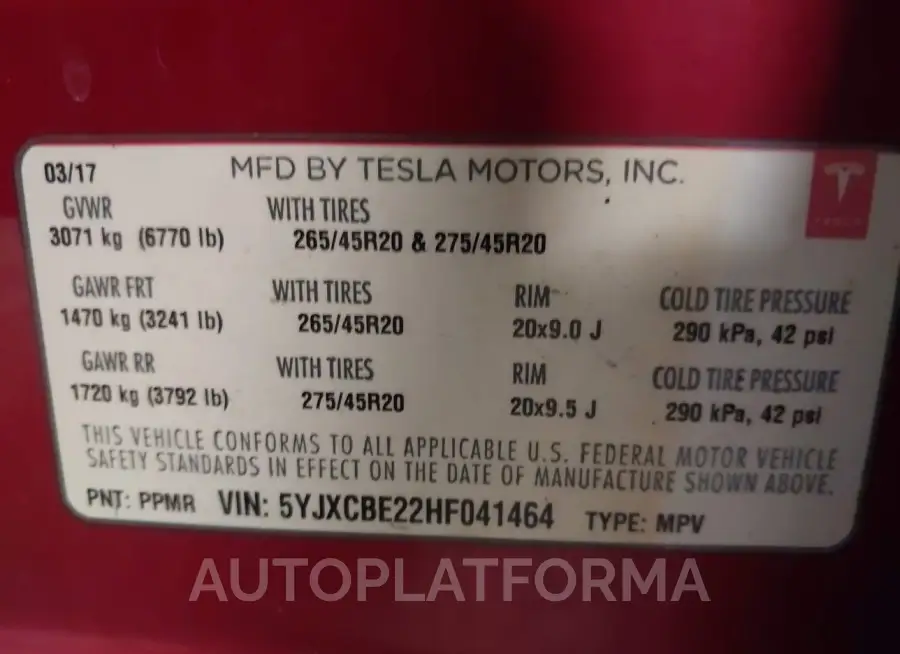 TESLA MODEL X 2017 vin 5YJXCBE22HF041464 from auto auction Iaai