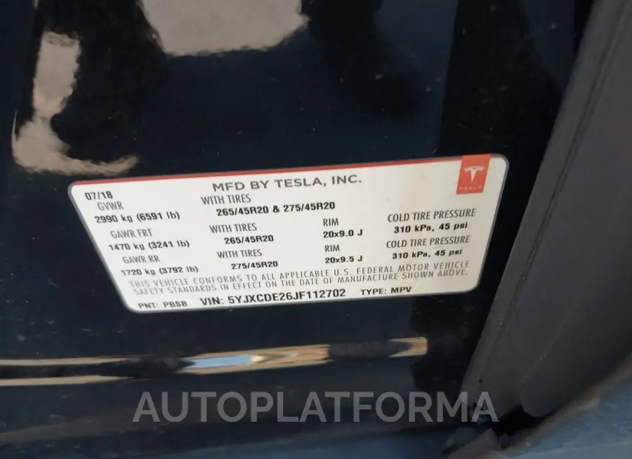 TESLA MODEL X 2018 vin 5YJXCDE26JF112702 from auto auction Iaai