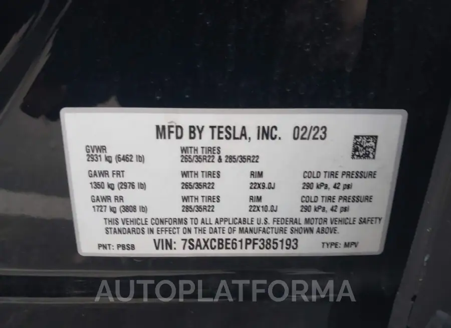 TESLA MODEL X 2023 vin 7SAXCBE61PF385193 from auto auction Iaai