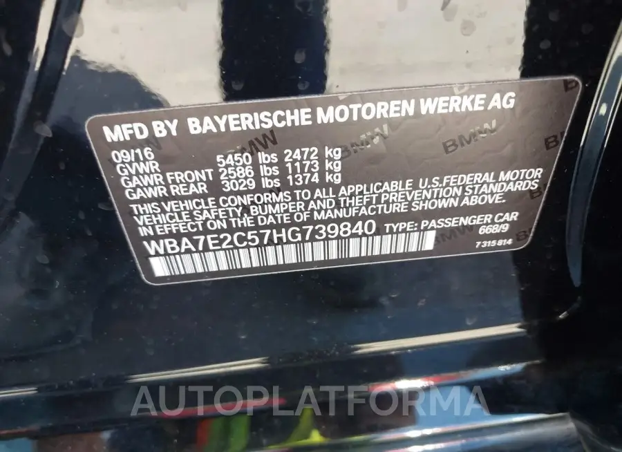 BMW 740I 2017 vin WBA7E2C57HG739840 from auto auction Iaai