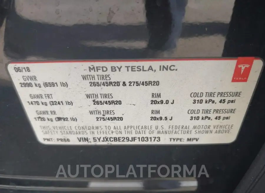 TESLA MODEL X 2018 vin 5YJXCBE29JF103173 from auto auction Iaai