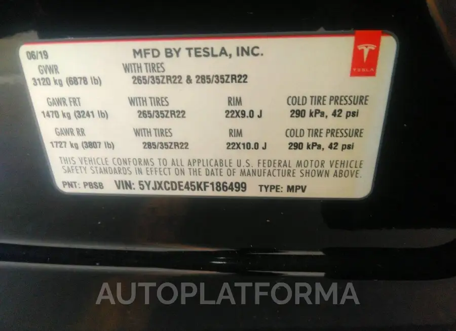 TESLA MODEL X 2019 vin 5YJXCDE45KF186499 from auto auction Iaai