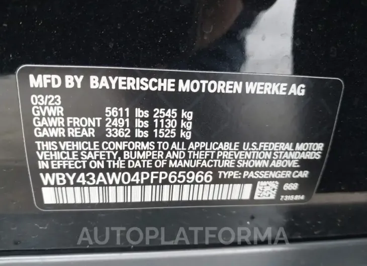 BMW I4 EDRIVE35 2023 vin WBY43AW04PFP65966 from auto auction Iaai