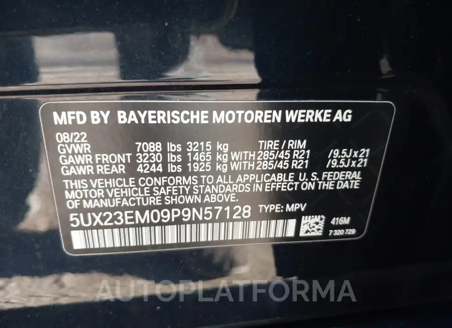 BMW X7 2023 vin 5UX23EM09P9N57128 from auto auction Iaai