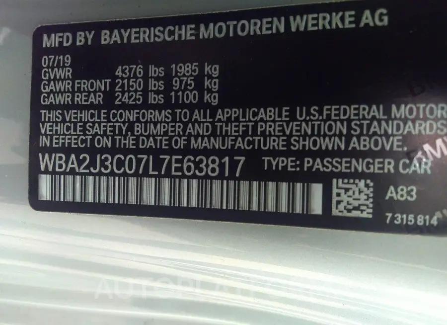 BMW 230I 2020 vin WBA2J3C07L7E63817 from auto auction Iaai