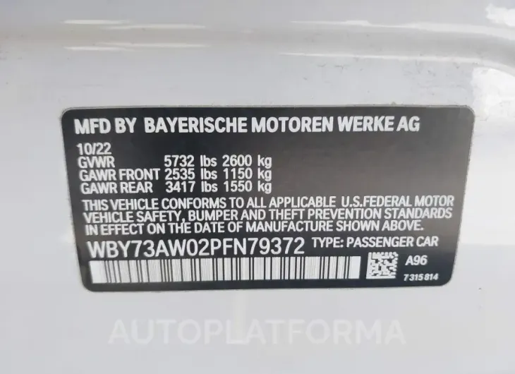 BMW I4 2023 vin WBY73AW02PFN79372 from auto auction Iaai