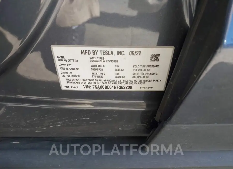 TESLA MODEL X 2022 vin 7SAXCBE64NF362200 from auto auction Iaai