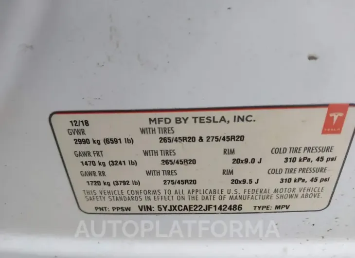 TESLA MODEL X 2018 vin 5YJXCAE22JF142486 from auto auction Iaai