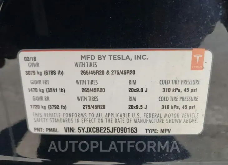 TESLA MODEL X 2018 vin 5YJXCBE25JF090163 from auto auction Iaai