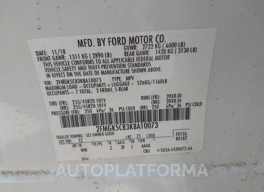 FORD FLEX 2019 vin 2FMGK5C83KBA10073 from auto auction Iaai