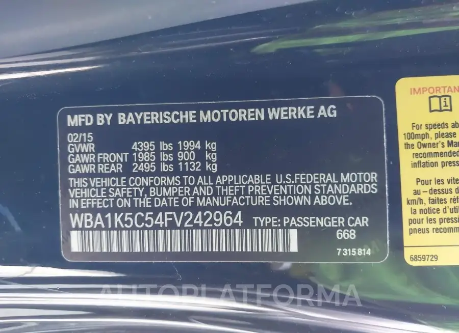 BMW 228I 2015 vin WBA1K5C54FV242964 from auto auction Iaai