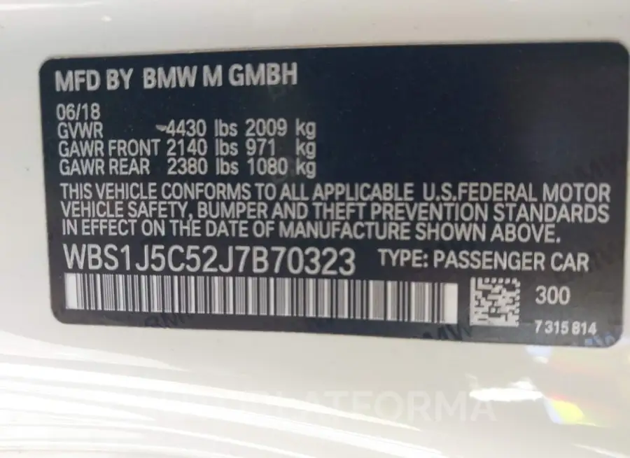 BMW M2 2018 vin WBS1J5C52J7B70323 from auto auction Iaai