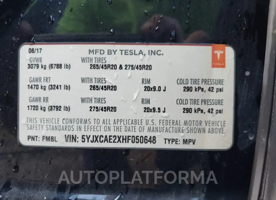 TESLA MODEL X 2017 vin 5YJXCAE2XHF050648 from auto auction Iaai