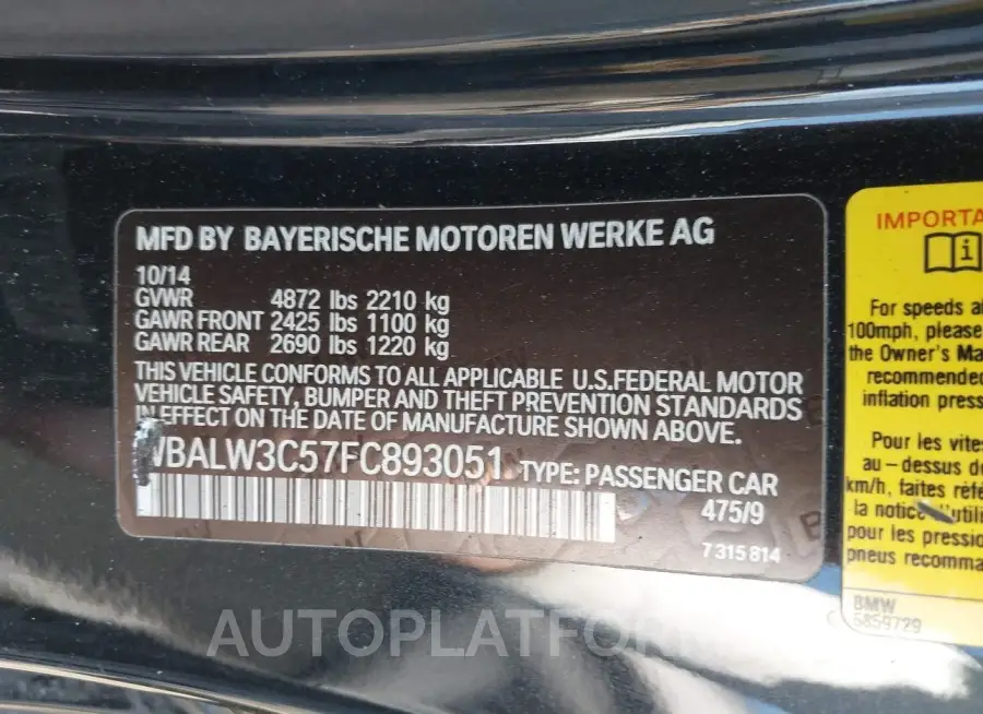 BMW 640I 2015 vin WBALW3C57FC893051 from auto auction Iaai