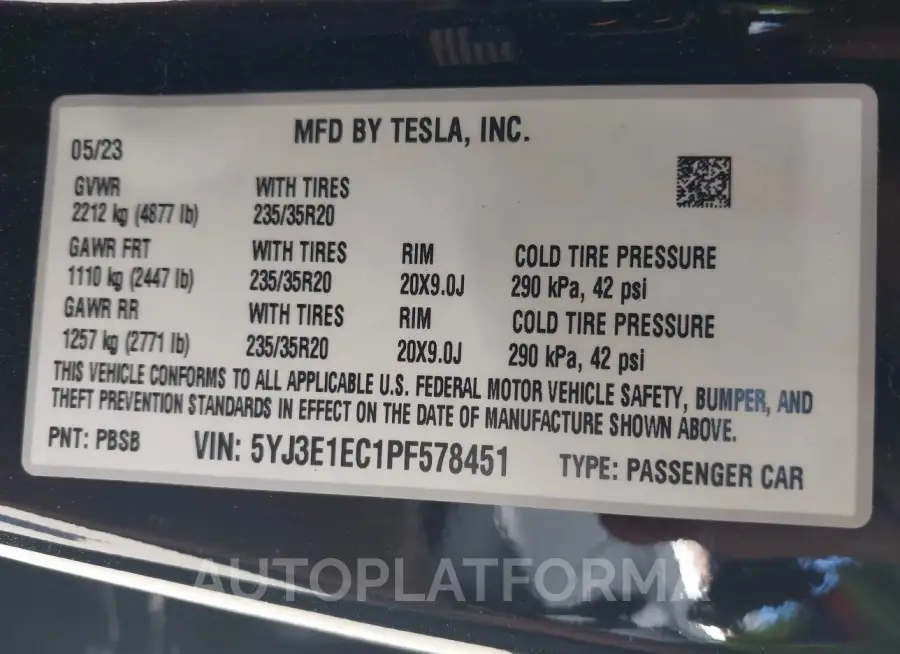 TESLA MODEL 3 2023 vin 5YJ3E1EC1PF578451 from auto auction Iaai