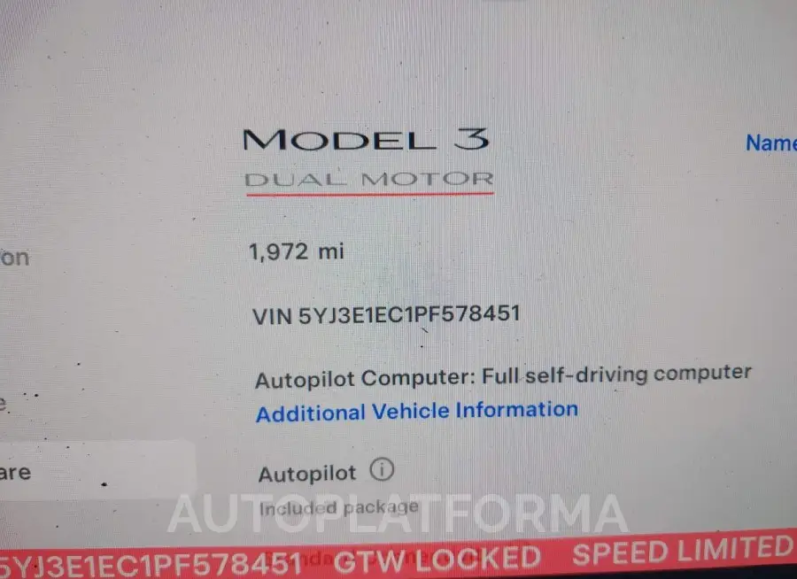 TESLA MODEL 3 2023 vin 5YJ3E1EC1PF578451 from auto auction Iaai