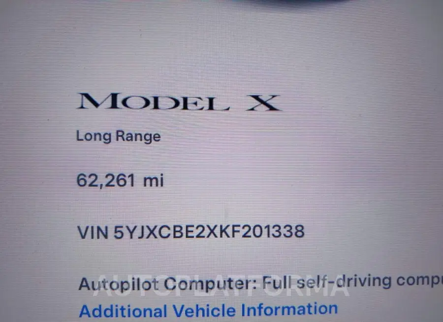 TESLA MODEL X 2019 vin 5YJXCBE2XKF201338 from auto auction Iaai