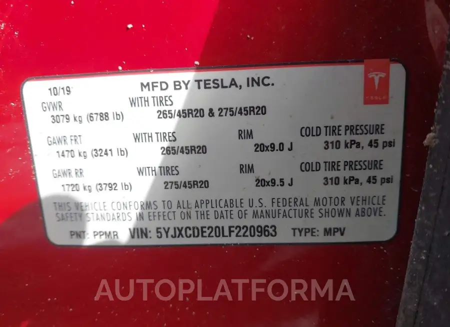 TESLA MODEL X 2020 vin 5YJXCDE20LF220963 from auto auction Iaai