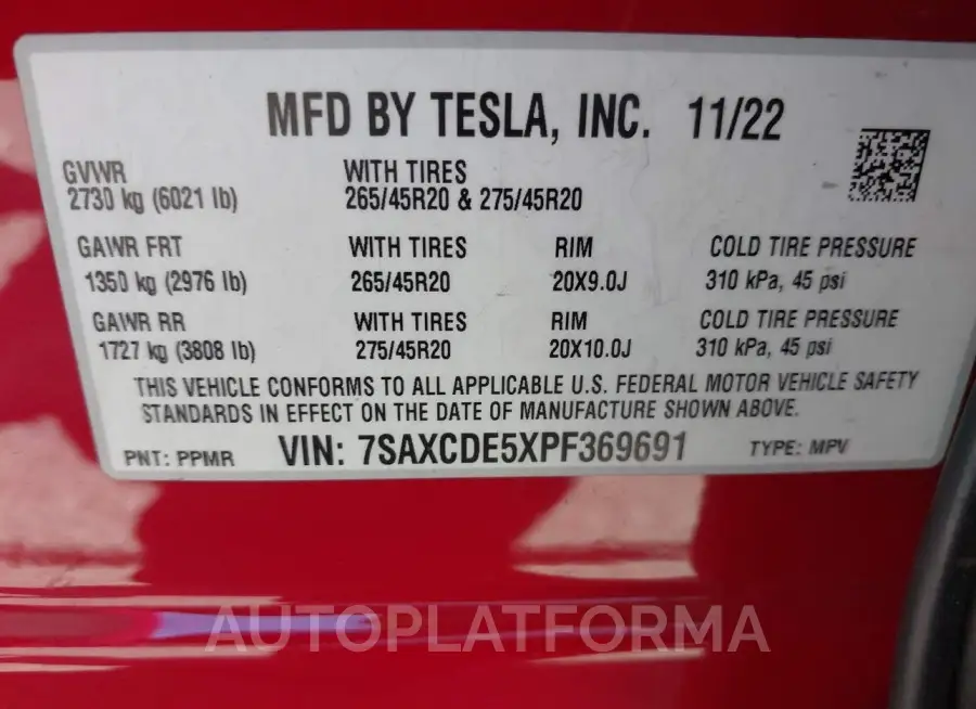 TESLA MODEL X 2023 vin 7SAXCDE5XPF369691 from auto auction Iaai