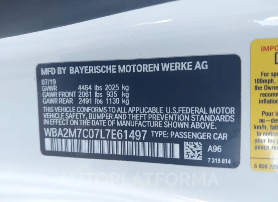 BMW 230I 2020 vin WBA2M7C07L7E61497 from auto auction Iaai