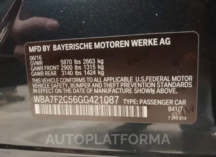 BMW 750I 2016 vin WBA7F2C56GG421087 from auto auction Iaai