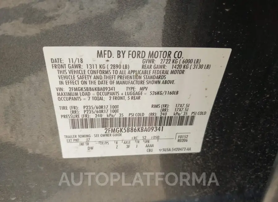 FORD FLEX 2019 vin 2FMGK5B86KBA09341 from auto auction Iaai