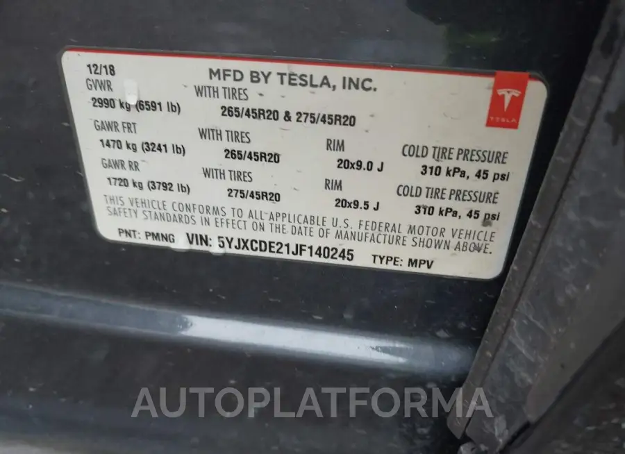 TESLA MODEL X 2018 vin 5YJXCDE21JF140245 from auto auction Iaai