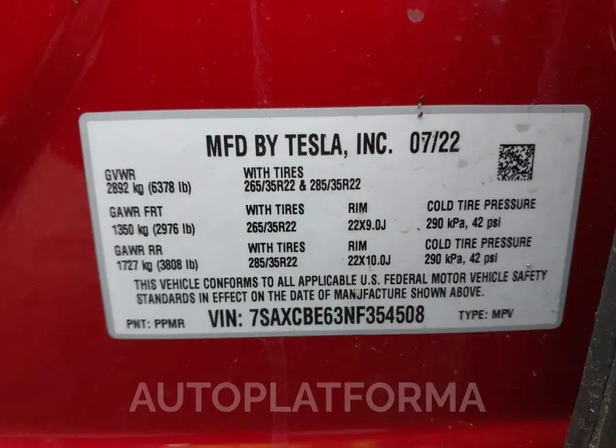 TESLA MODEL X 2022 vin 7SAXCBE63NF354508 from auto auction Iaai