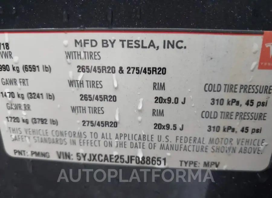 TESLA MODEL X 2018 vin 5YJXCAE25JF088651 from auto auction Iaai