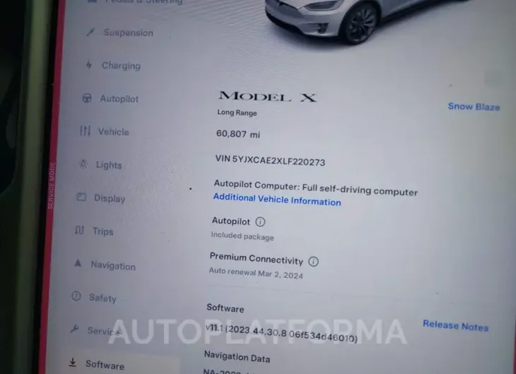 TESLA MODEL X 2020 vin 5YJXCAE2XLF220273 from auto auction Iaai