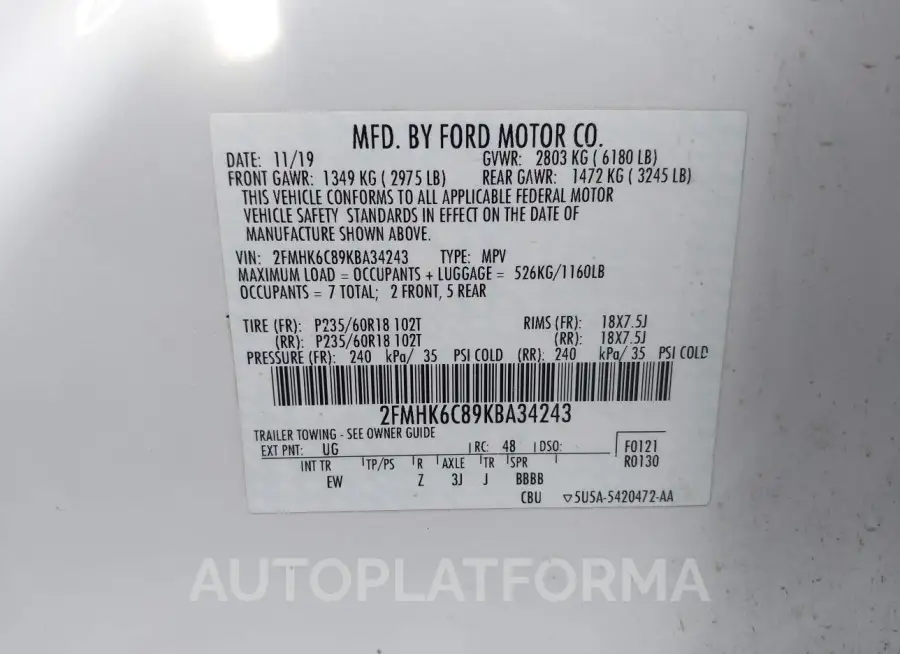 FORD FLEX 2019 vin 2FMHK6C89KBA34243 from auto auction Iaai