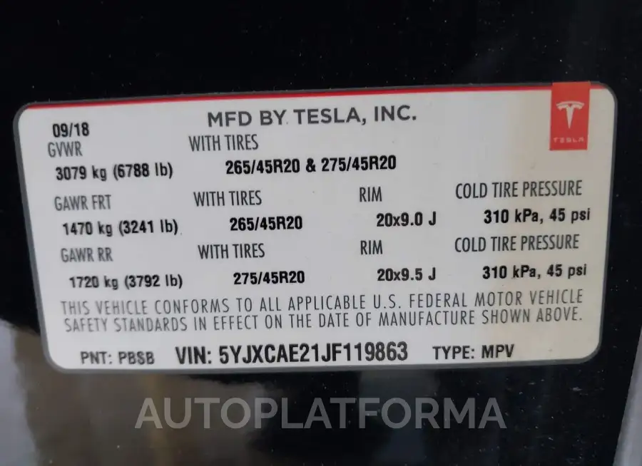 TESLA MODEL X 2018 vin 5YJXCAE21JF119863 from auto auction Iaai