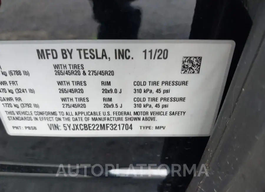 TESLA MODEL X 2021 vin 5YJXCBE22MF321704 from auto auction Iaai