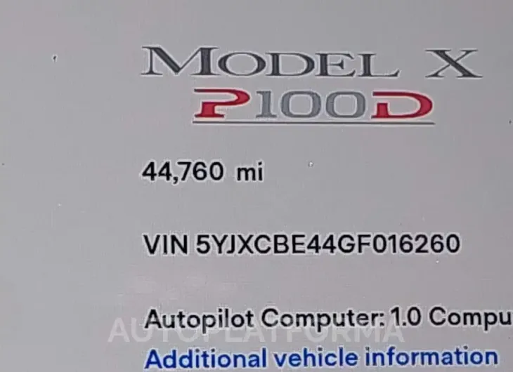 TESLA MODEL X 2016 vin 5YJXCBE44GF016260 from auto auction Iaai