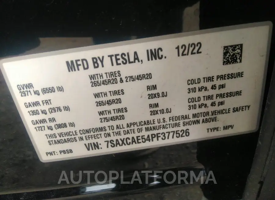 TESLA MODEL X 2023 vin 7SAXCAE54PF377526 from auto auction Iaai