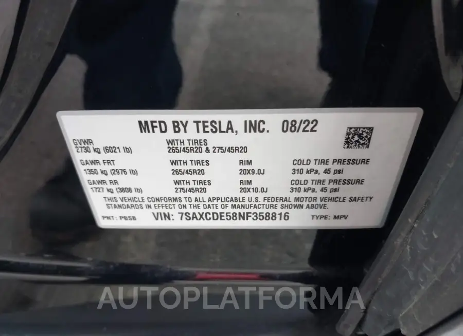 TESLA MODEL X 2022 vin 7SAXCDE58NF358816 from auto auction Iaai