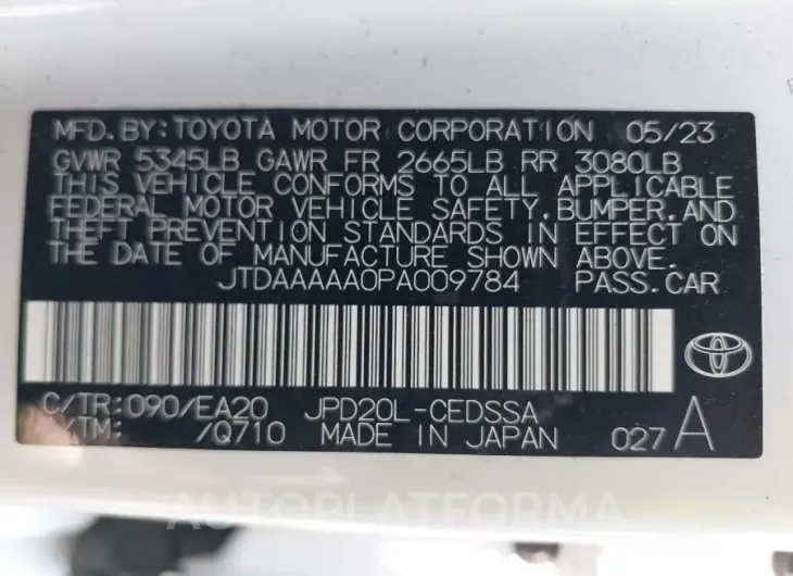 TOYOTA MIRAI 2023 vin JTDAAAAA0PA009784 from auto auction Iaai