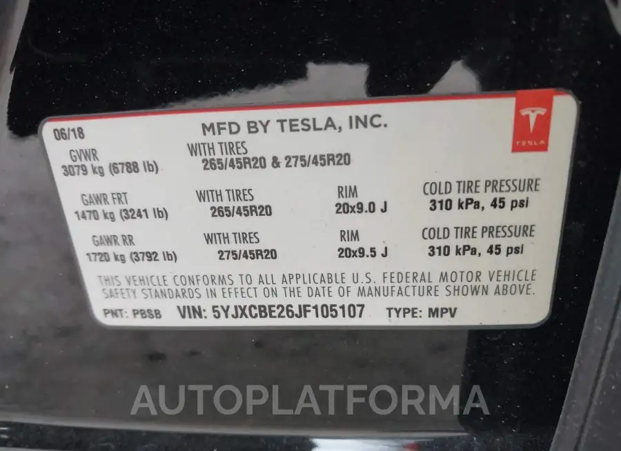 TESLA MODEL X 2018 vin 5YJXCBE26JF105107 from auto auction Iaai