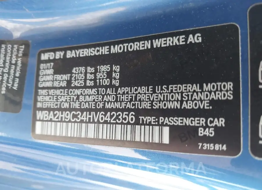 BMW 230I 2017 vin WBA2H9C34HV642356 from auto auction Iaai