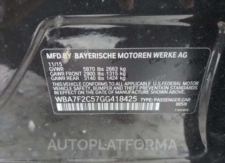 BMW 750I 2016 vin WBA7F2C57GG418425 from auto auction Iaai