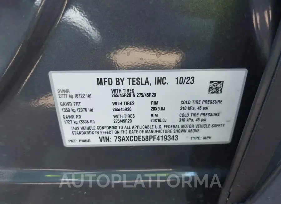 TESLA MODEL X 2023 vin 7SAXCDE58PF419343 from auto auction Iaai