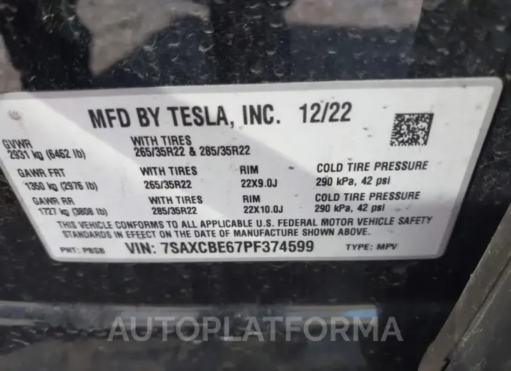 TESLA MODEL X 2023 vin 7SAXCBE67PF374599 from auto auction Iaai