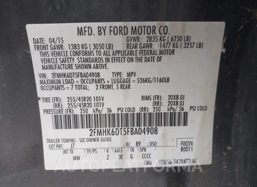 FORD FLEX 2015 vin 2FMHK6DT5FBA04908 from auto auction Iaai